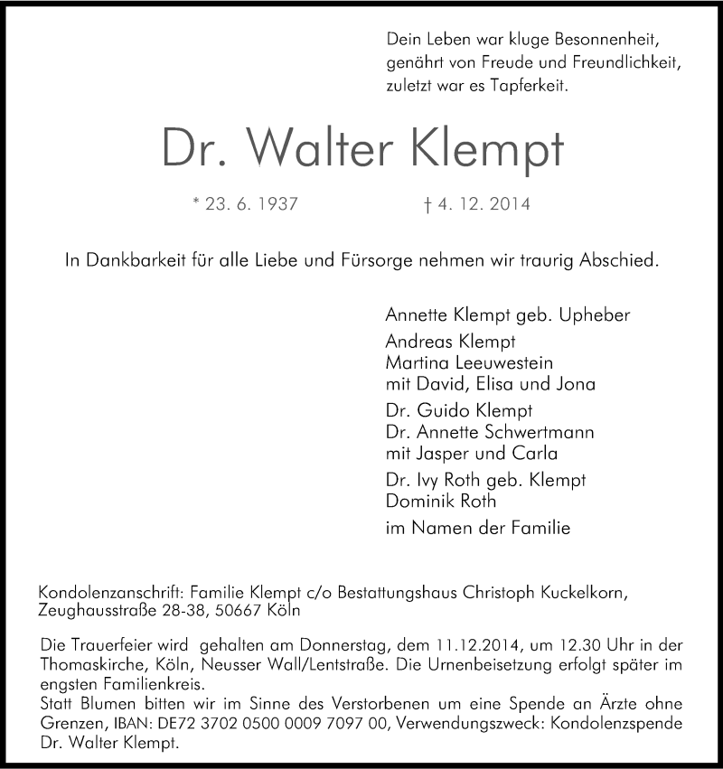  Traueranzeige für Walter Klempt vom 08.12.2014 aus Kölner Stadt-Anzeiger / Kölnische Rundschau / Express