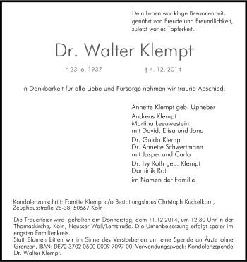 Anzeige von Walter Klempt von Kölner Stadt-Anzeiger / Kölnische Rundschau / Express