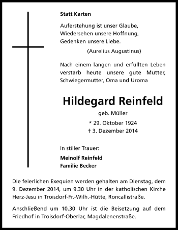 Anzeige von Hildegard Reinfeld von Kölner Stadt-Anzeiger / Kölnische Rundschau / Express