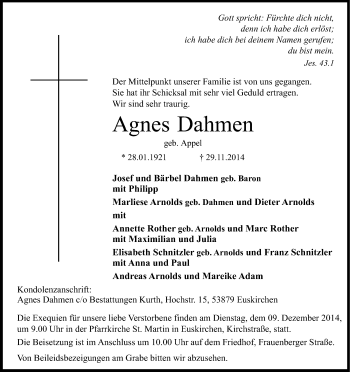 Anzeige von Agnes Dahmen von Kölner Stadt-Anzeiger / Kölnische Rundschau / Express