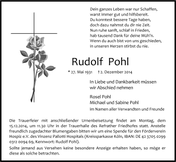Anzeige von Rudolf Pohl von Kölner Stadt-Anzeiger / Kölnische Rundschau / Express
