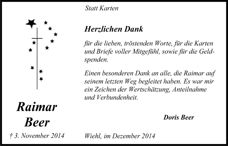  Traueranzeige für Raimer Beer vom 06.12.2014 aus Kölner Stadt-Anzeiger / Kölnische Rundschau / Express