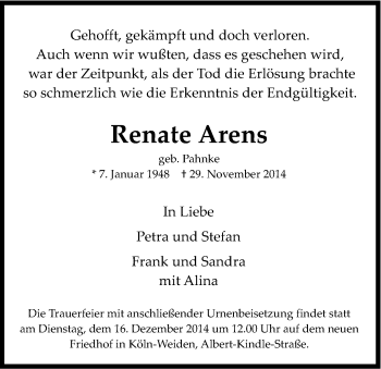 Anzeige von Renate Arens von Kölner Stadt-Anzeiger / Kölnische Rundschau / Express