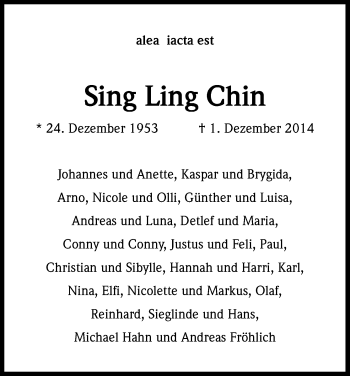 Anzeige von Sing Ling Chin von Kölner Stadt-Anzeiger / Kölnische Rundschau / Express