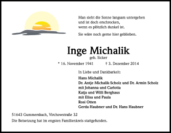 Anzeige von Inge Michalik von Kölner Stadt-Anzeiger / Kölnische Rundschau / Express