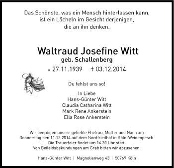 Anzeige von Waltraud Josefine Witt von Kölner Stadt-Anzeiger / Kölnische Rundschau / Express