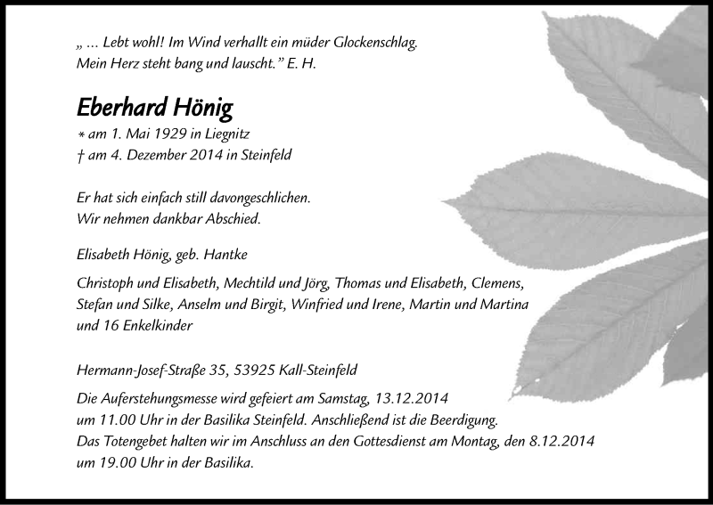  Traueranzeige für Eberhard Hönig vom 06.12.2014 aus Kölner Stadt-Anzeiger / Kölnische Rundschau / Express