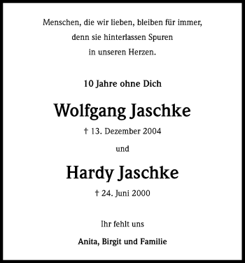 Anzeige von Wolfgang und Hardy Jaschke von Kölner Stadt-Anzeiger / Kölnische Rundschau / Express