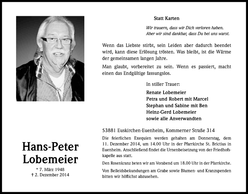  Traueranzeige für Hans-Peter Lobemeier vom 06.12.2014 aus Kölner Stadt-Anzeiger / Kölnische Rundschau / Express
