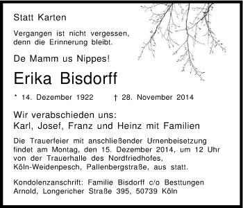 Anzeige von Erika Bisdorff von Kölner Stadt-Anzeiger / Kölnische Rundschau / Express
