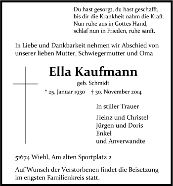 Anzeige von Ella Kaufmann von Kölner Stadt-Anzeiger / Kölnische Rundschau / Express