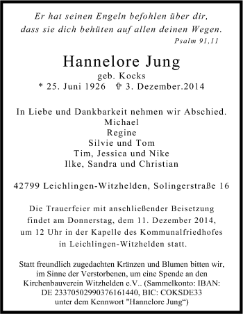 Anzeige von Hannelore Jung von Kölner Stadt-Anzeiger / Kölnische Rundschau / Express