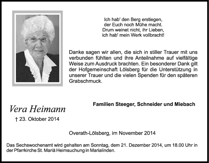  Traueranzeige für Vera Heimann vom 06.12.2014 aus Kölner Stadt-Anzeiger / Kölnische Rundschau / Express
