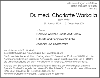 Anzeige von Charlotte Warkalla von Kölner Stadt-Anzeiger / Kölnische Rundschau / Express