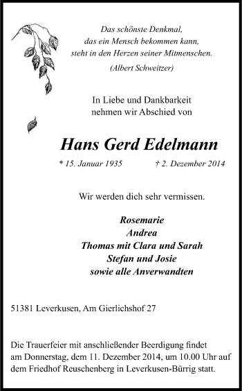 Anzeige von Hans Gerd Edelmann von Kölner Stadt-Anzeiger / Kölnische Rundschau / Express