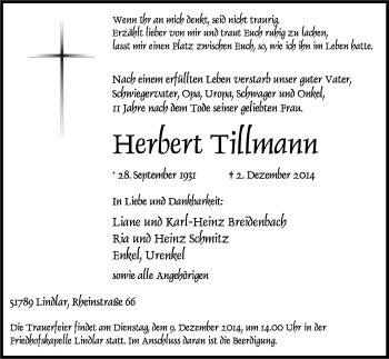 Anzeige von Herbert Tillmann von Kölner Stadt-Anzeiger / Kölnische Rundschau / Express