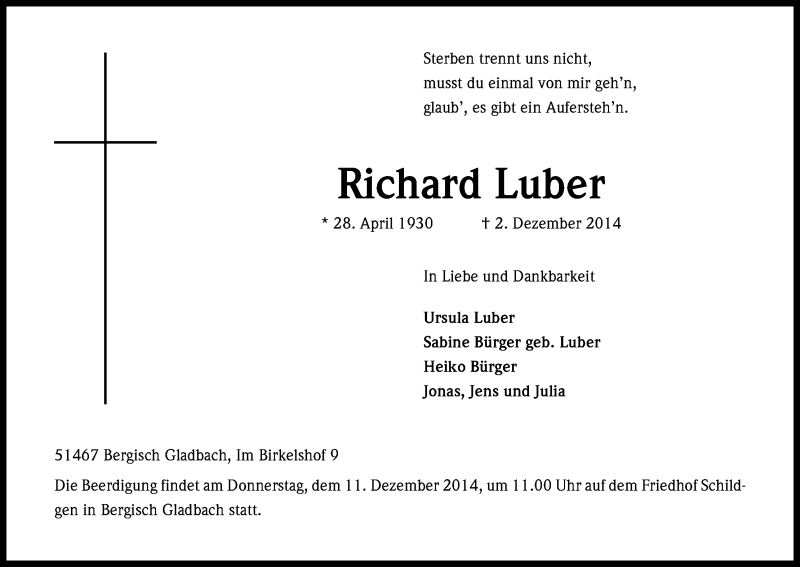  Traueranzeige für Richard Luber vom 08.12.2014 aus Kölner Stadt-Anzeiger / Kölnische Rundschau / Express