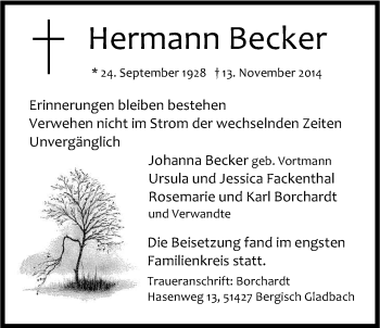 Anzeige von Hermann Becker von Kölner Stadt-Anzeiger / Kölnische Rundschau / Express