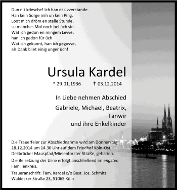 Anzeige von Ursula Kardel von Kölner Stadt-Anzeiger / Kölnische Rundschau / Express