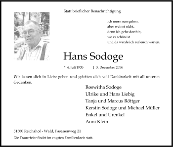 Anzeige von Hans Sodoge von Kölner Stadt-Anzeiger / Kölnische Rundschau / Express