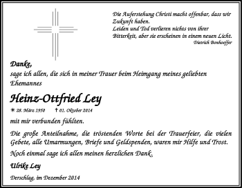 Anzeige von Heinz-Ottfried Ley von Kölner Stadt-Anzeiger / Kölnische Rundschau / Express