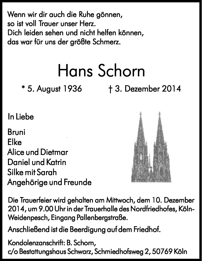  Traueranzeige für Hans Schorn vom 06.12.2014 aus Kölner Stadt-Anzeiger / Kölnische Rundschau / Express