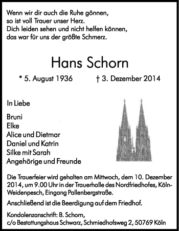 Anzeige von Hans Schorn von Kölner Stadt-Anzeiger / Kölnische Rundschau / Express