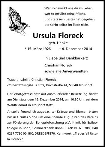Anzeige von Ursula Floreck von Kölner Stadt-Anzeiger / Kölnische Rundschau / Express