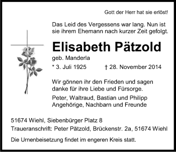 Anzeige von Elisabeth Pätzold von Kölner Stadt-Anzeiger / Kölnische Rundschau / Express