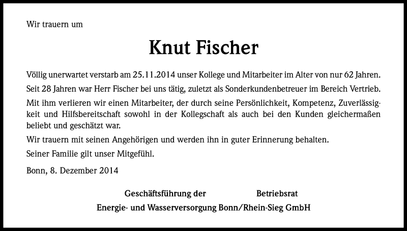  Traueranzeige für Knut Fischer vom 08.12.2014 aus Kölner Stadt-Anzeiger / Kölnische Rundschau / Express