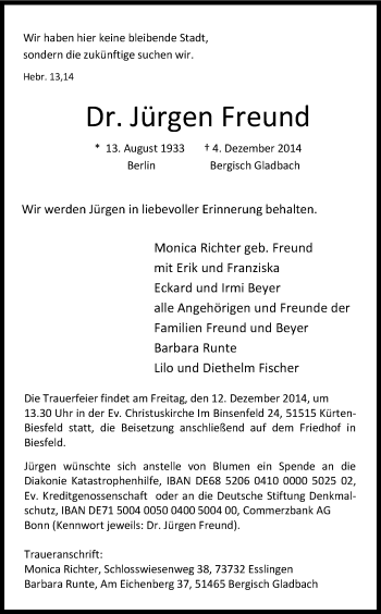 Anzeige von Jürgen Freund von Kölner Stadt-Anzeiger / Kölnische Rundschau / Express