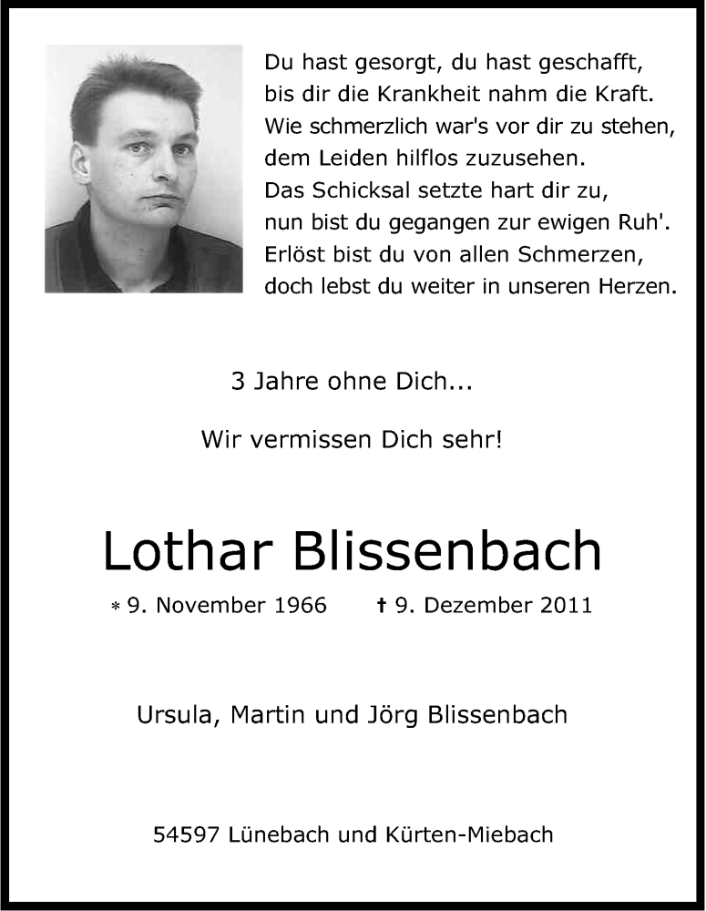  Traueranzeige für Lothar Blissenbach vom 09.12.2014 aus Kölner Stadt-Anzeiger / Kölnische Rundschau / Express