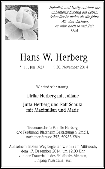 Anzeige von Hans Herberg von Kölner Stadt-Anzeiger / Kölnische Rundschau / Express