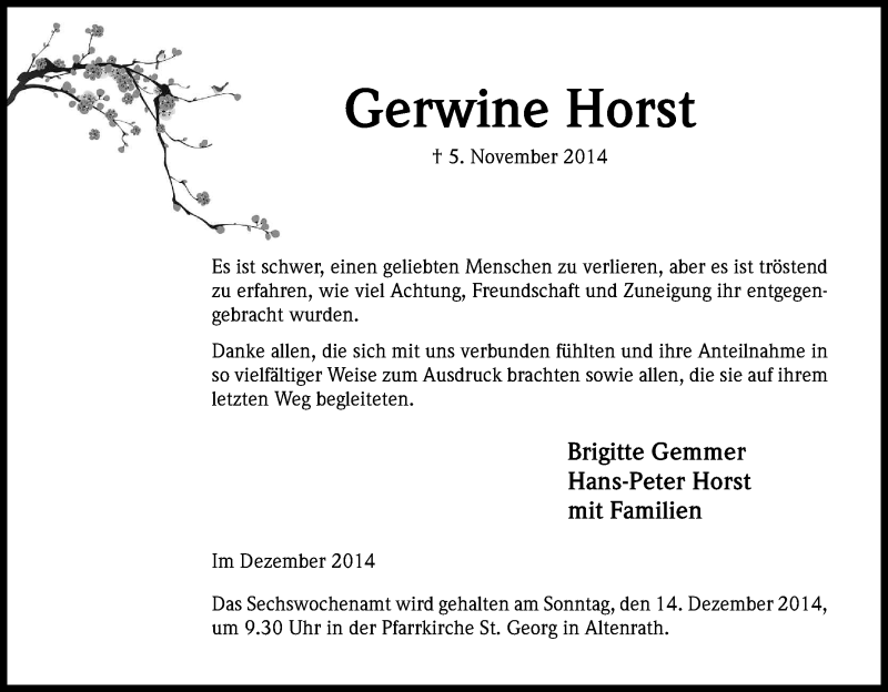  Traueranzeige für Gerwine Horst vom 06.12.2014 aus Kölner Stadt-Anzeiger / Kölnische Rundschau / Express