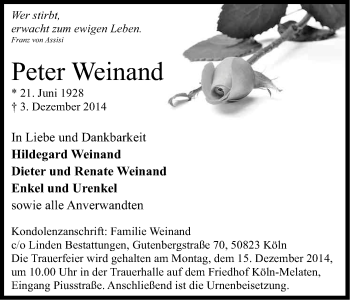 Anzeige von Peter Weinand von Kölner Stadt-Anzeiger / Kölnische Rundschau / Express