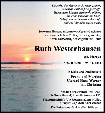 Anzeige von Ruth Westerhausen von Kölner Stadt-Anzeiger / Kölnische Rundschau / Express
