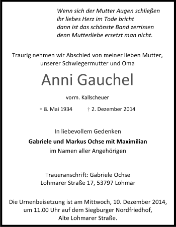 Anzeige von Anni Gauchel von Kölner Stadt-Anzeiger / Kölnische Rundschau / Express