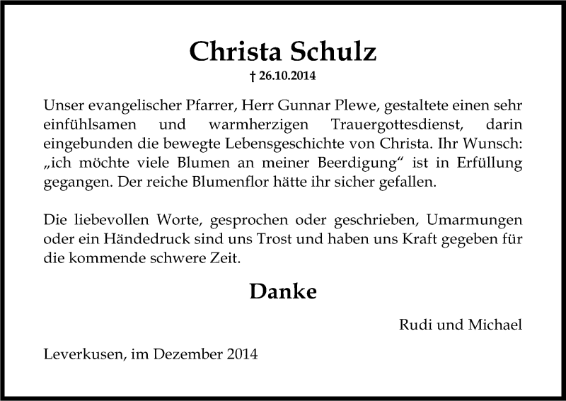 Traueranzeige für Christa Schulz vom 10.12.2014 aus Kölner Stadt-Anzeiger / Kölnische Rundschau / Express