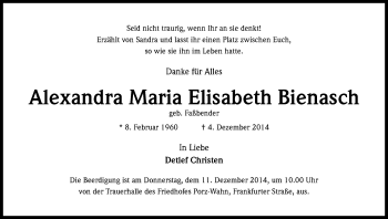 Anzeige von Alexandra Maria Elisabeth Bienasch von Kölner Stadt-Anzeiger / Kölnische Rundschau / Express