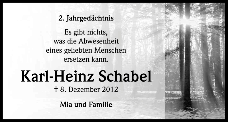  Traueranzeige für Karl-Heinz Schabel vom 08.12.2014 aus Kölner Stadt-Anzeiger / Kölnische Rundschau / Express