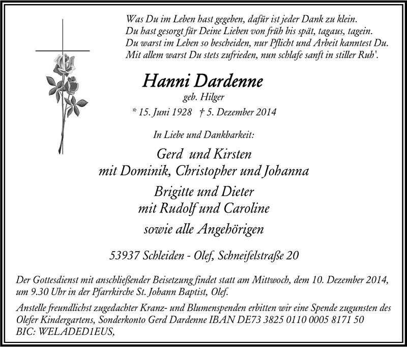  Traueranzeige für Hanni Dardenne vom 08.12.2014 aus Kölner Stadt-Anzeiger / Kölnische Rundschau / Express