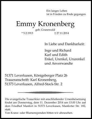 Anzeige von Emmy Kronenberg von Kölner Stadt-Anzeiger / Kölnische Rundschau / Express