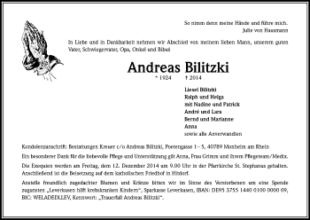 Anzeige von Andreas Bilitzki von Kölner Stadt-Anzeiger / Kölnische Rundschau / Express