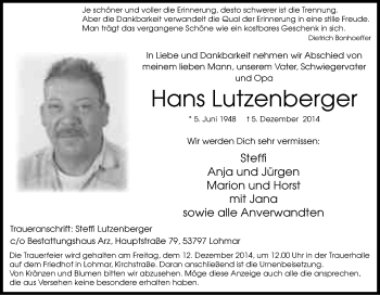 Anzeige von Hans Lutzenberger von Kölner Stadt-Anzeiger / Kölnische Rundschau / Express