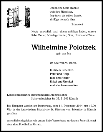 Anzeige von Wilhelmine Polotzek von Kölner Stadt-Anzeiger / Kölnische Rundschau / Express