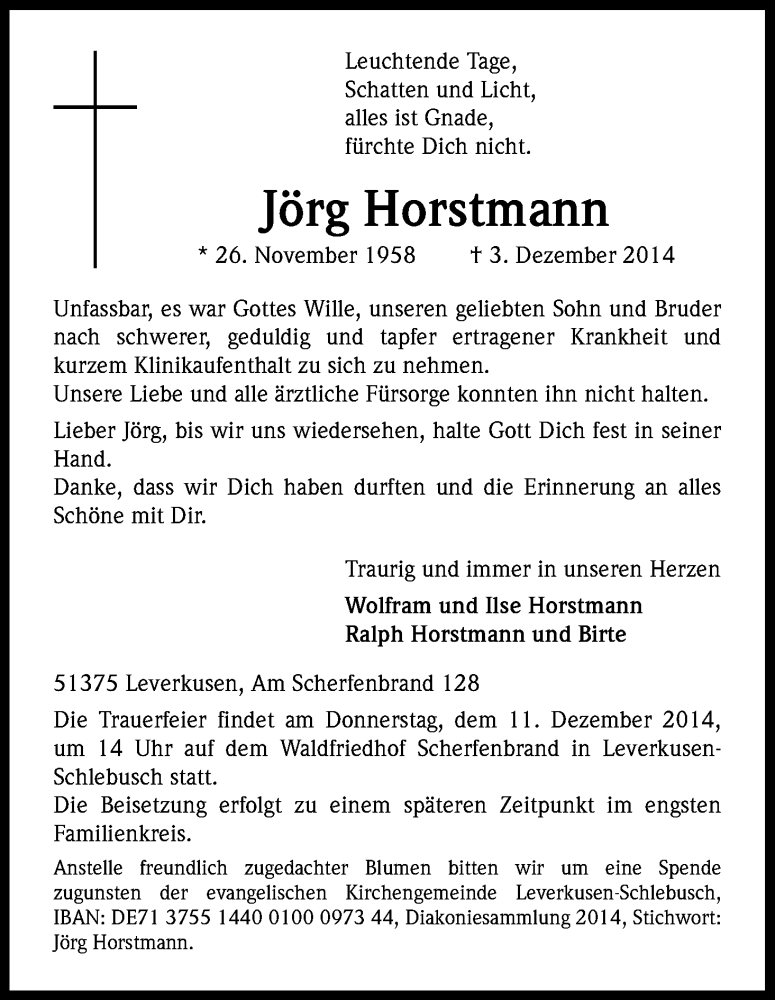  Traueranzeige für Jörg Horstmann vom 09.12.2014 aus Kölner Stadt-Anzeiger / Kölnische Rundschau / Express