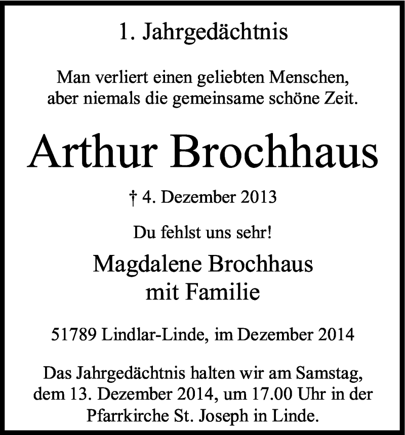  Traueranzeige für Arthur Brochhaus vom 09.12.2014 aus Kölner Stadt-Anzeiger / Kölnische Rundschau / Express