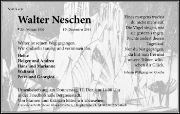 Anzeige von Walter Neschen von Kölner Stadt-Anzeiger / Kölnische Rundschau / Express
