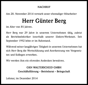 Anzeige von Günter Berg von Kölner Stadt-Anzeiger / Kölnische Rundschau / Express