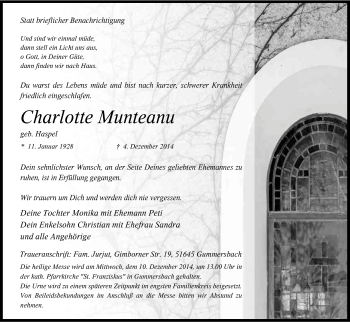 Anzeige von Charlotte Munteanu von Kölner Stadt-Anzeiger / Kölnische Rundschau / Express